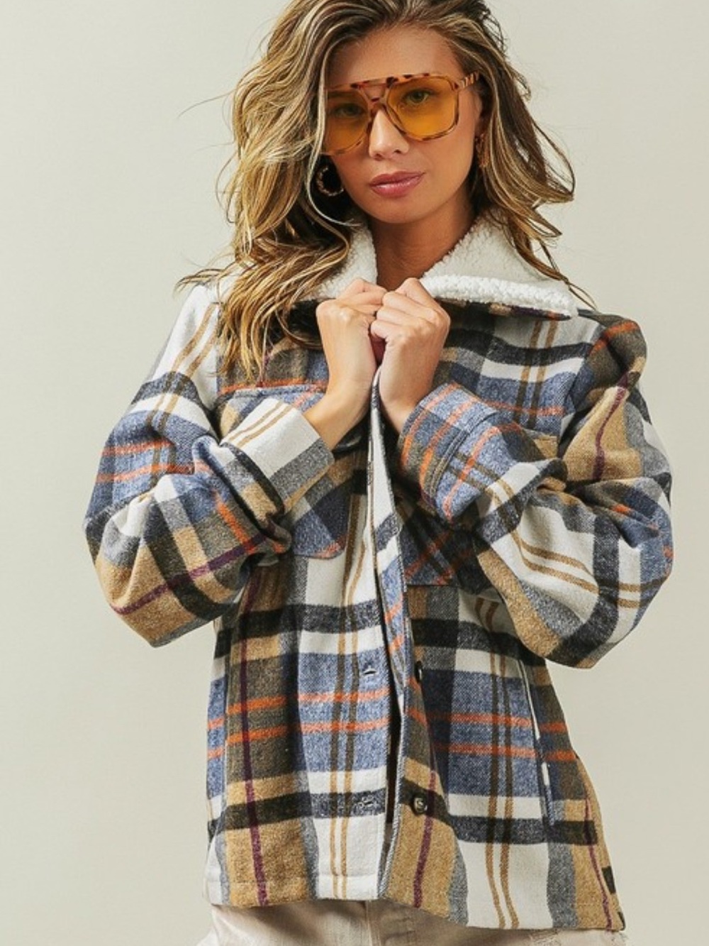 BiBi Plaid Teddy-Lined Jacket in Blue, Tan & White